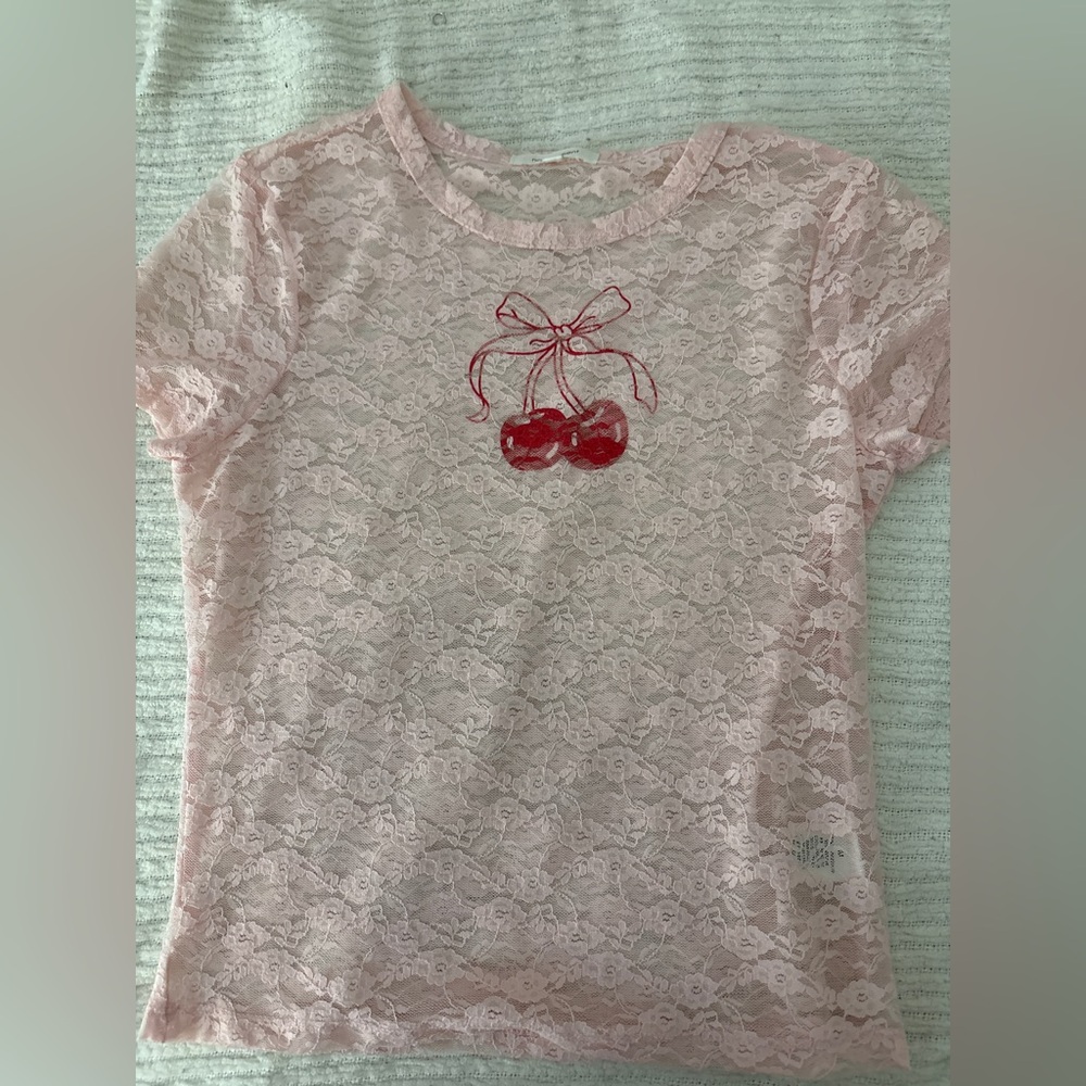 Charming Pink Lace Women's Blouse with Cherry Design